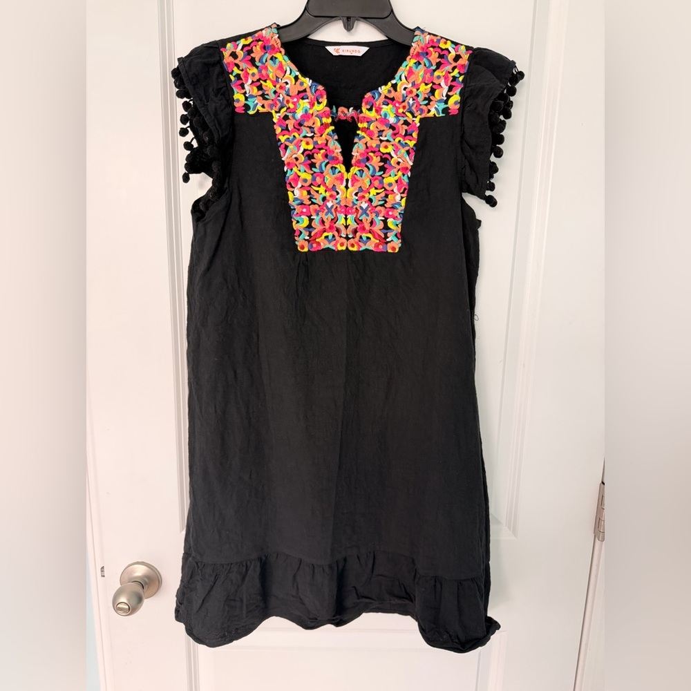 KIRUNDO Black Boho Embroidered Mini Dress Pom Pom Sleeve Size M Boho